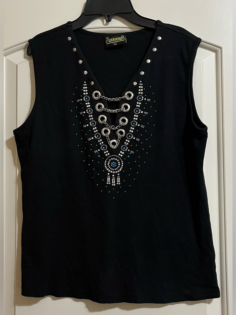 Biker Clothing Co Women’s Black Chains Rhinestones Lone Star Rally 2015 Top 2X - Picture 1 of 8